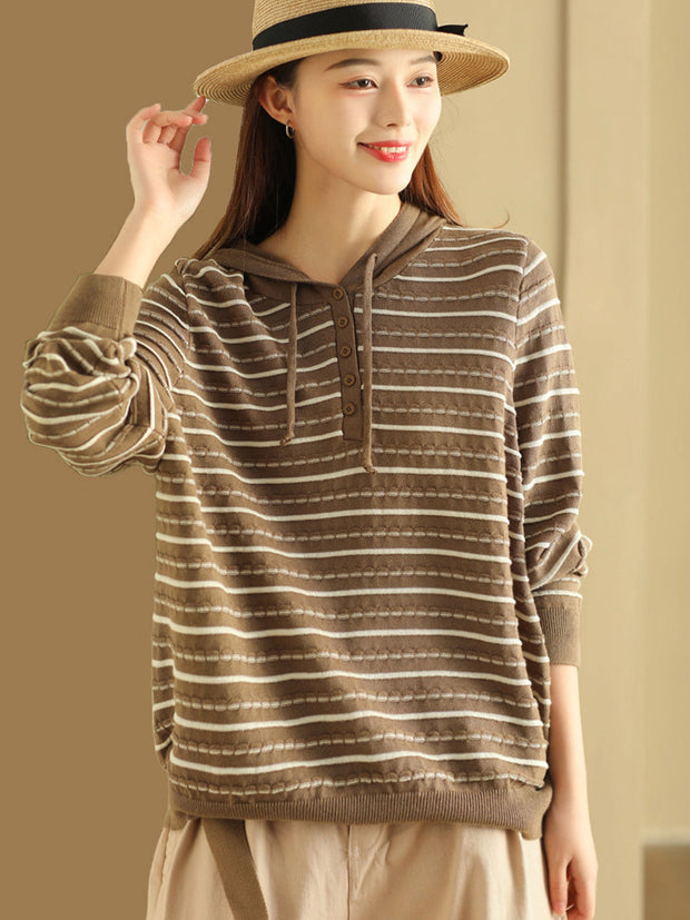 Women Casual Stripe Loose Warm Hooded Sweater