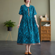 Summer Cotton  Linen Round Neck Print Short-Sleeved Dress