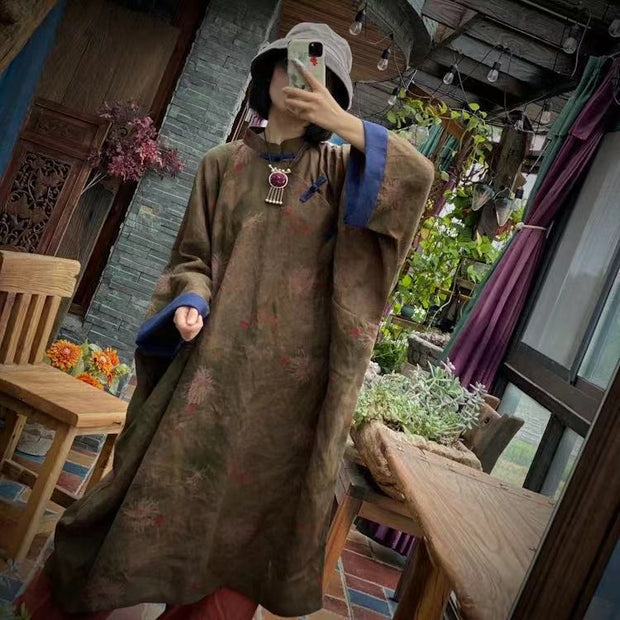 Women Print Pure Linen Chinese Robe Dress