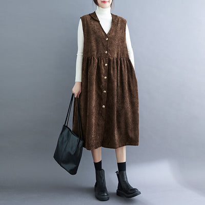 Winter Vintage Corduroy V-Neck Dress