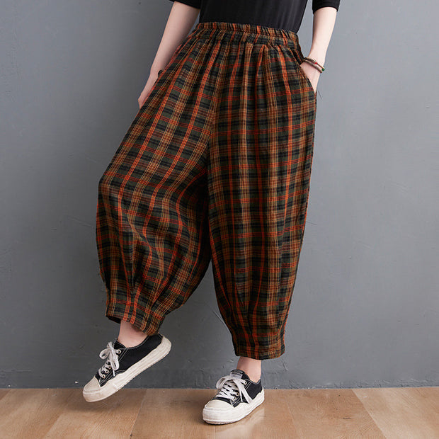 Women's Summer Plaid Cotton Linen Bloomers