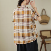 Women's Summer Cotton Linen Checked Stand Collar Shirt