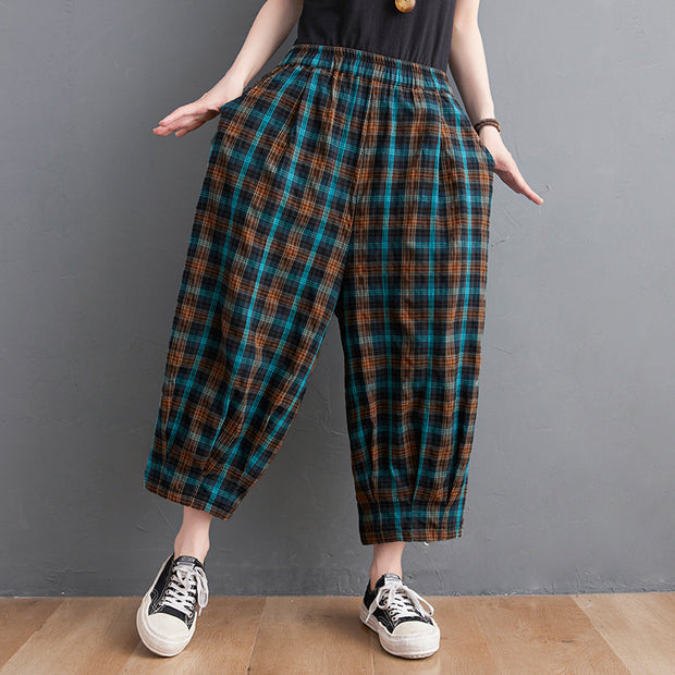 Women's Summer Plaid Cotton Linen Bloomers