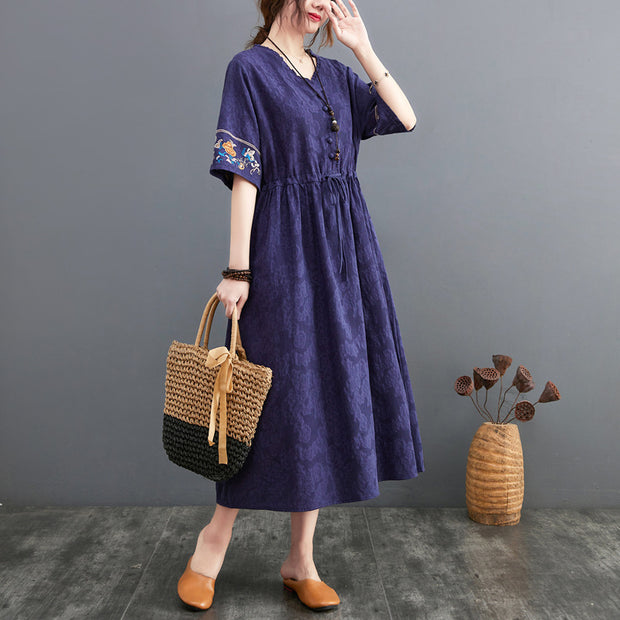 Summer Cotton Linen Embroidered V-neck Dress