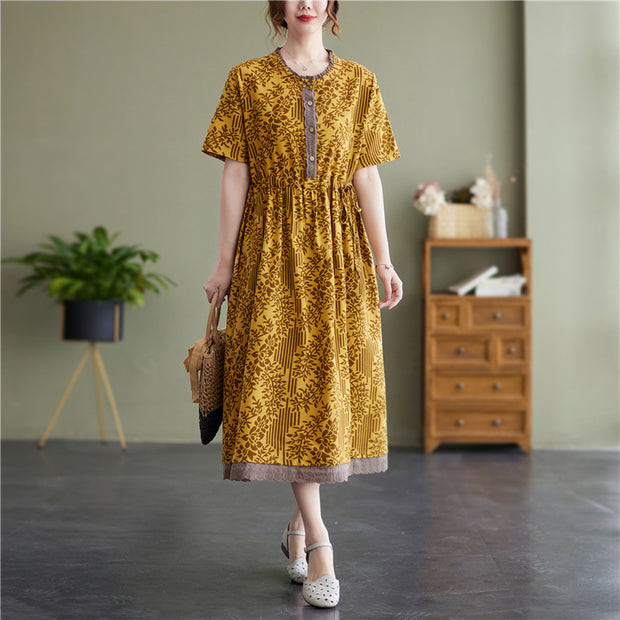 Summer Cotton  Linen Round Neck Print Short-Sleeved Dress