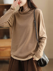 Women Casual Stripe Turtleneck Wool Warm Sweater