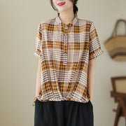 Women's Summer Cotton Linen Checked Stand Collar Shirt