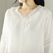 Women's Spring Ramie V-Neck Lace Cutout Top