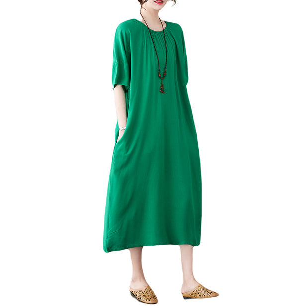 Summer Linen Round Neck Short Sleeve Dress