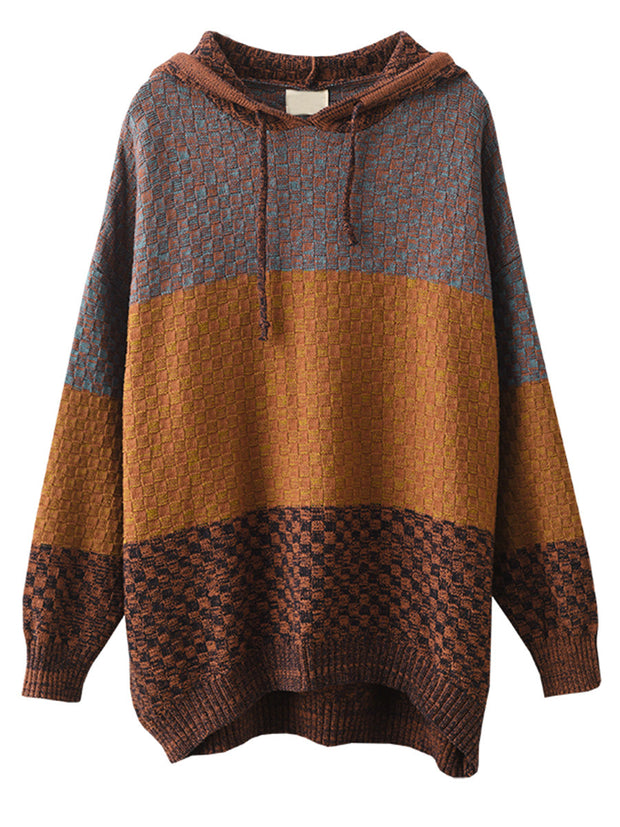 Women Winter Colorblock Jacquard Warm Hooded Sweater
