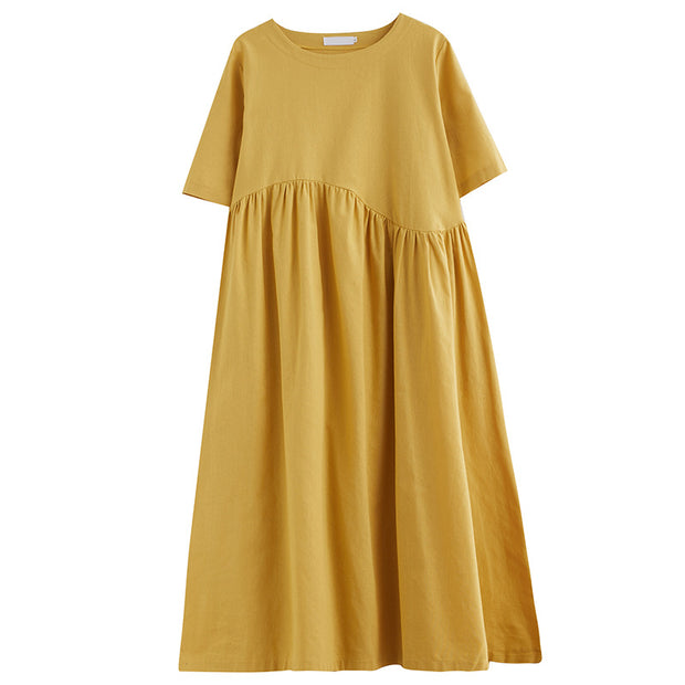 Spring Half-sleeve Round Neck Cotton Linen Dress