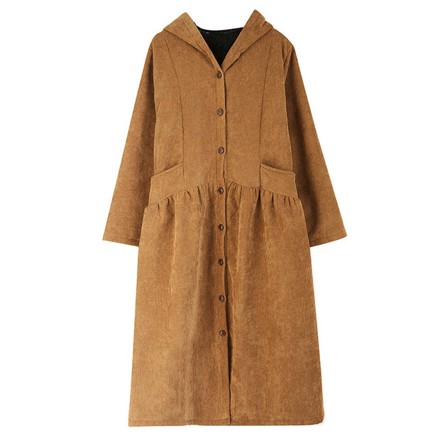 Winter Vintage Corduroy Hooded Long Jacket