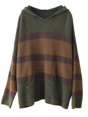 Women Vintage Spliced Knitted Pocket Hooded Sweater