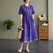 Summer Cotton  Linen Round Neck Print Short-Sleeved Dress