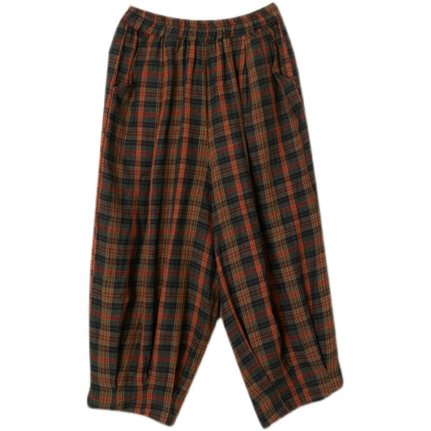 Women's Summer Plaid Cotton Linen Bloomers