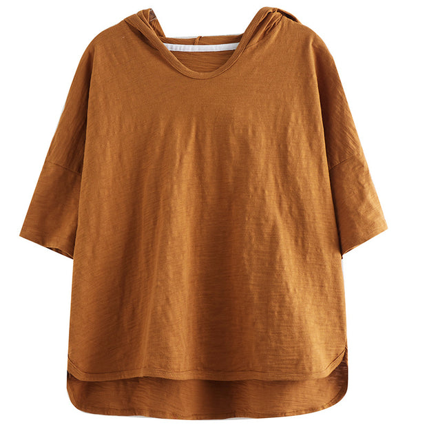 Women's Summer Solid Color Hooded V-neck T-shirt