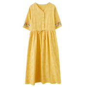 Summer Cotton Linen Embroidered V-neck Dress