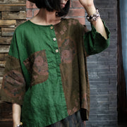 Autumn Women Print Linen Colorblock Loose Shirt