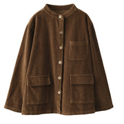 Women Solid Vintage Cotton Corduroy Coat