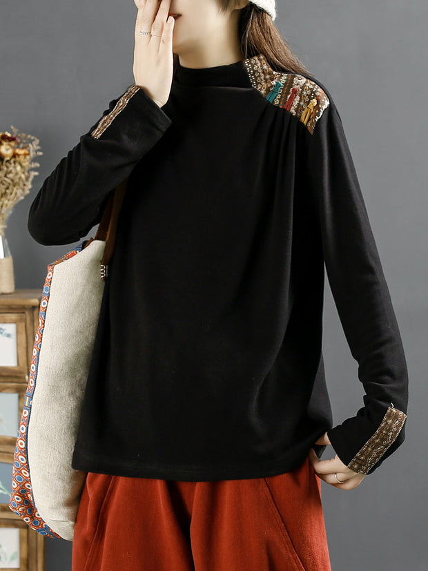 Plus Size Ethnic Patch Button Spliced Turtleneck Sweatshirt