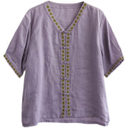 Women's Summer Ramie Embroidered Buckle T-Shirt