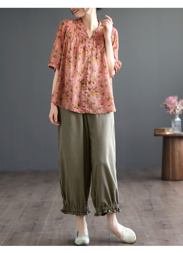 Summer Ramie V-Neck Accordion Shirt