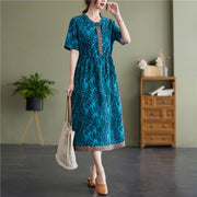 Summer Cotton  Linen Round Neck Print Short-Sleeved Dress