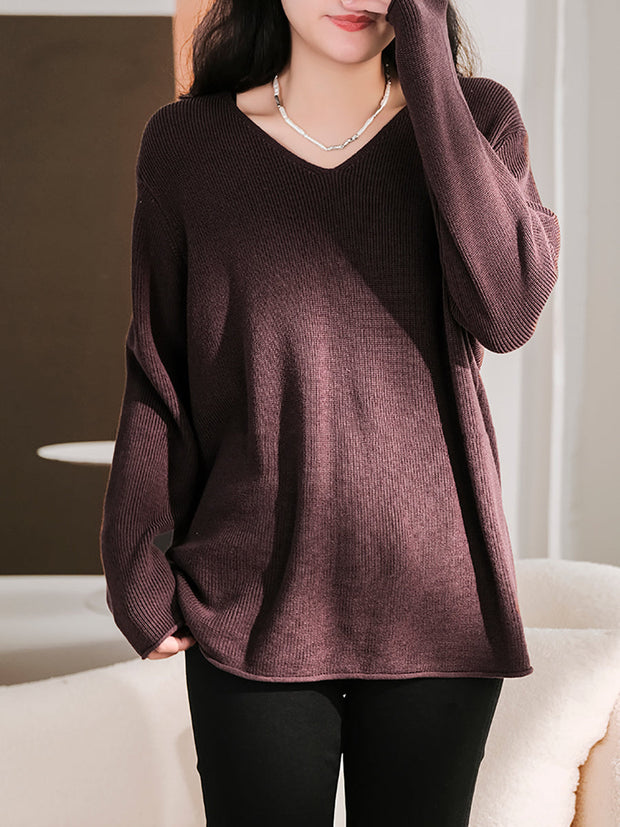 Women Casual V-Neck Solid Knitted Loose Sweater