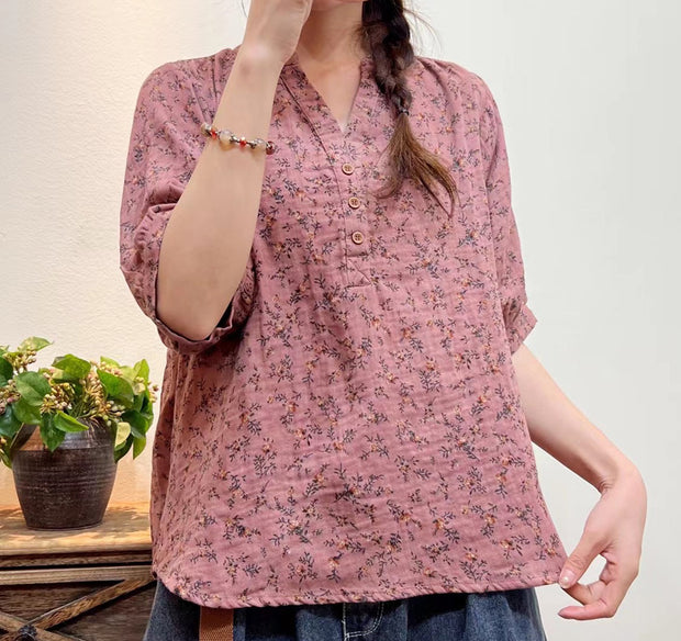 Women Summer Artsy Floral Button Loose Shirt