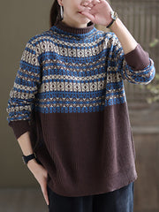 Women Vintage Spliced Turtleneck Knitted Sweater