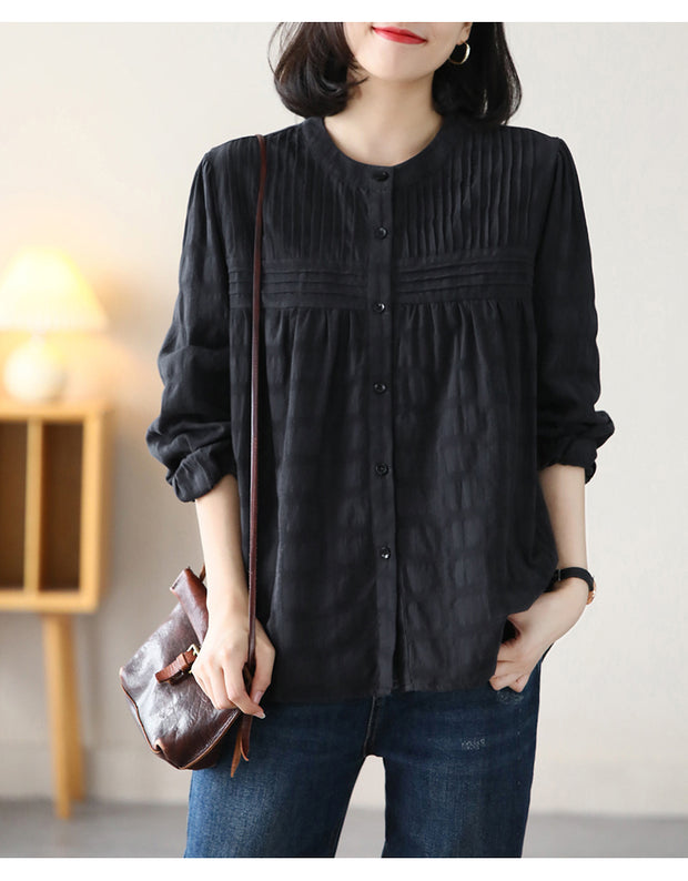 Spring 100% Cotton Solid Pleated Shirt