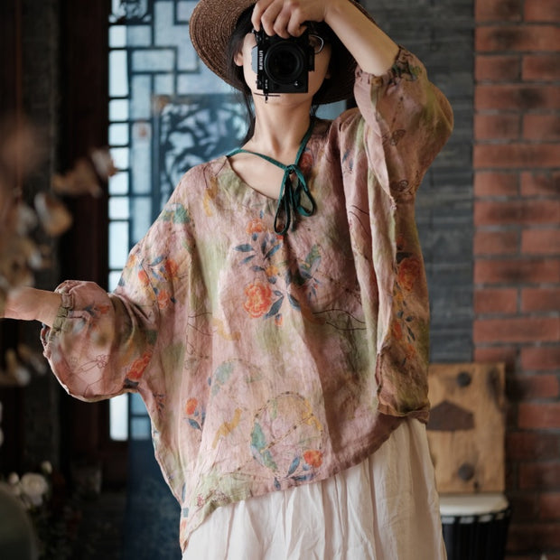 Women Vintage Floral Split Hem V-Neck Loose Linen Shirt