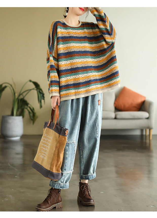 Autumn Striped Doll Sleeve Wool Knit Sweater