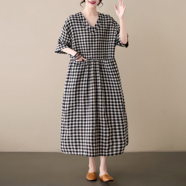 Summer Linen Plaid V-neck Wide Dress