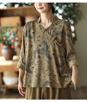 Autumn V-Neck Print Slant Placket Button Top