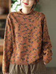Women Retro Floral Turtleneck Knitted Sweater