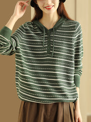 Women Casual Stripe Loose Warm Hooded Sweater