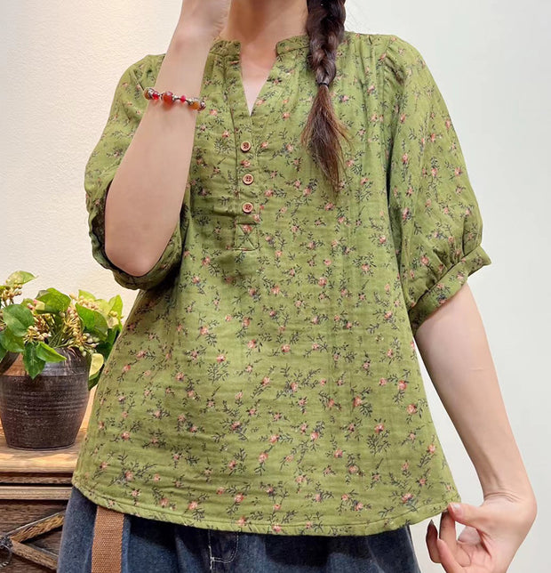 Women Summer Artsy Floral Button Loose Shirt