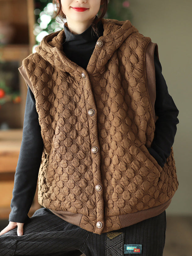 Women Winter Warm Solid Padded Hooded Vest Coat