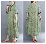 Summer Cotton Linen Short-sleeved V-neck Floral Dress