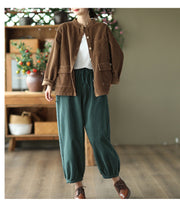 Women Solid Vintage Cotton Corduroy Coat