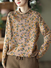 Women Retro Floral Turtleneck Knitted Sweater