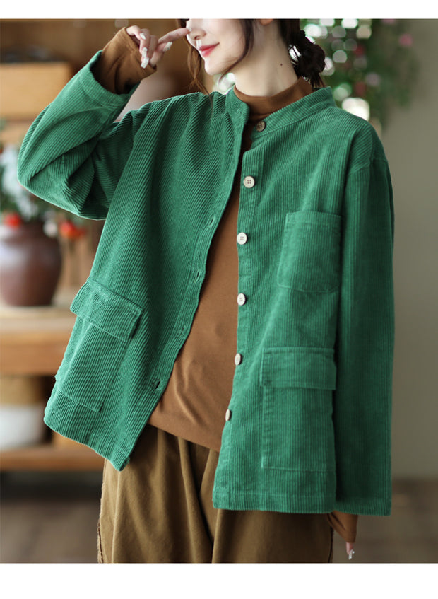 Women Solid Vintage Cotton Corduroy Coat