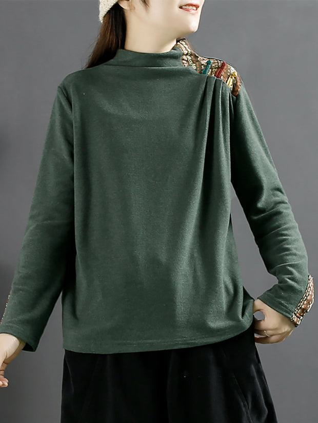 Plus Size Ethnic Patch Button Spliced Turtleneck Sweatshirt