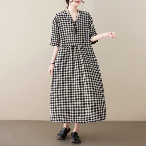 Summer Linen Plaid V-neck Wide Dress