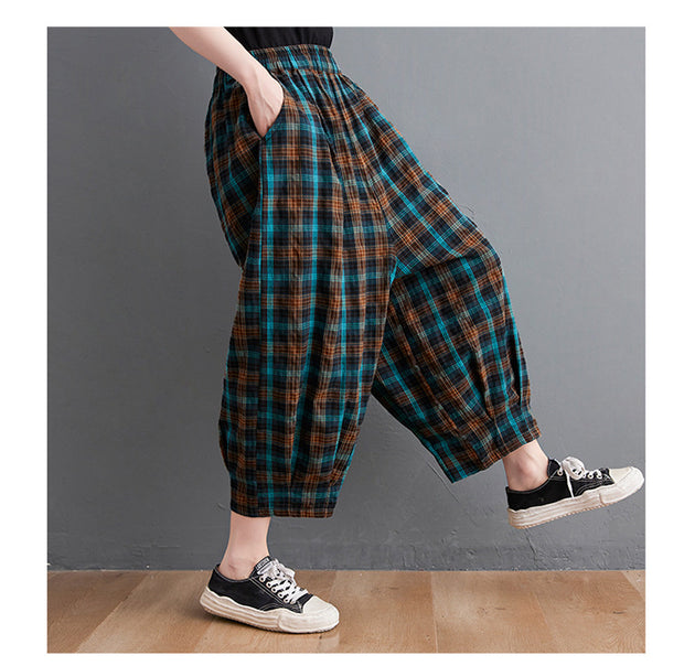 Women's Summer Plaid Cotton Linen Bloomers