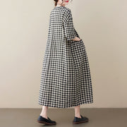 Summer Linen Plaid V-neck Wide Dress