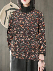 Plus Size Vintage Flower Half-high Collar Spliced Cotton Shirt