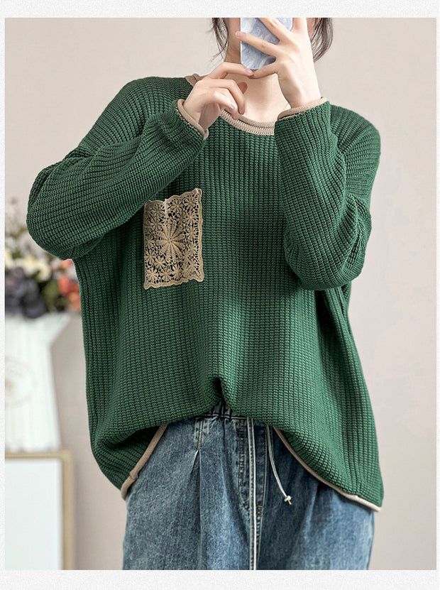 Women Artsy Spring Knitted Lace Patch Loose Sweater