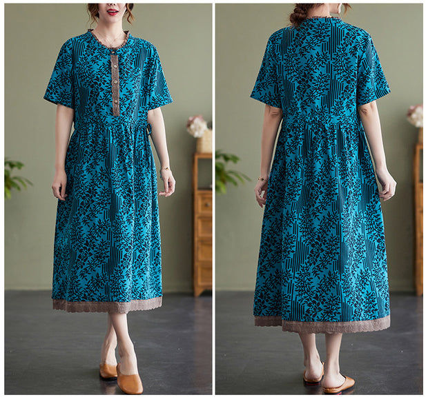 Summer Cotton  Linen Round Neck Print Short-Sleeved Dress